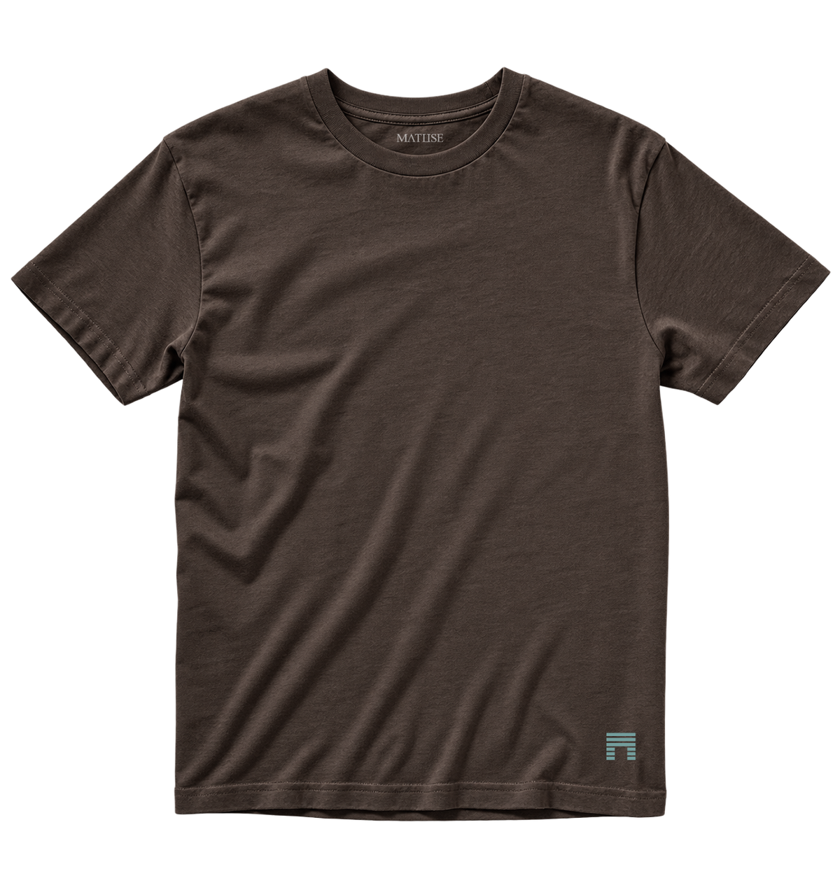 Jersey Matuse Icon Logo Tee - Brown, brown shirt with geo blue logo, front