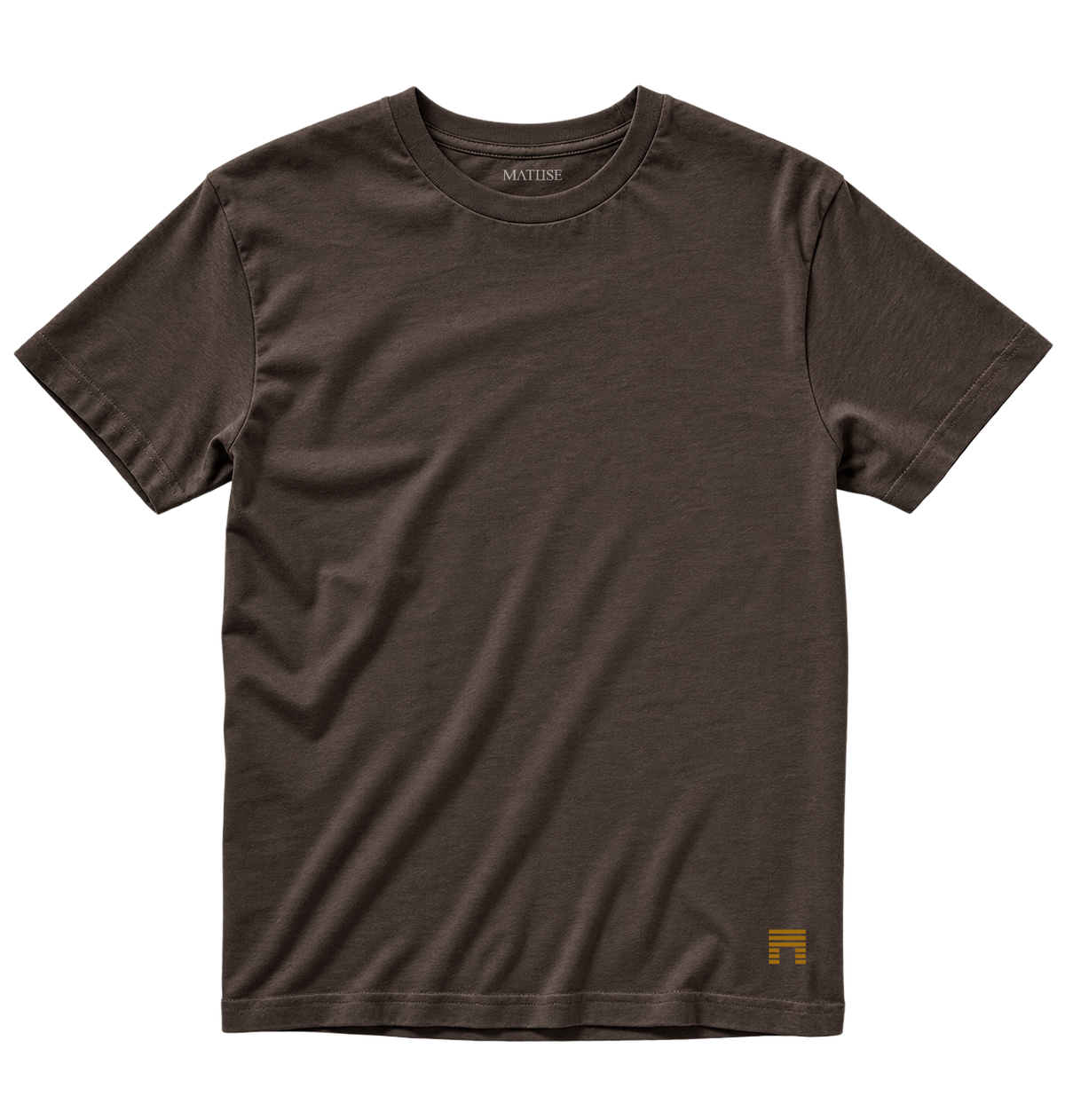 Jersey Matuse Icon Logo Tee - Brown, brown shirt with yellow logo, front